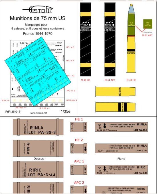 Munitions de 75mm pour Sherman. Caisses, obus, et containers